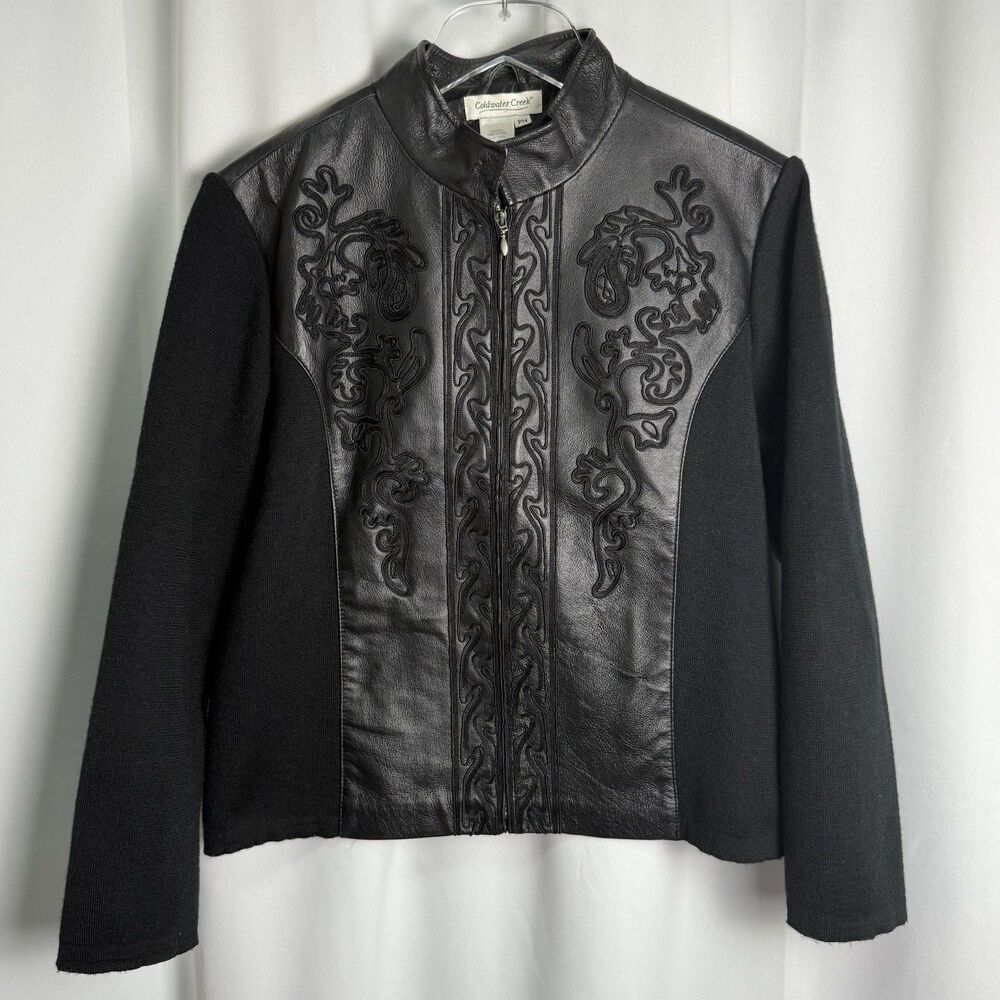 Coldwater Creek Embroidery Ribbon Detail Leather Acrylic Wool Blend Jacket Sz PM